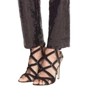 Diane Von Furstenberg Black Gold Valene Suede Strappy Heels Womens Size 9.5 B